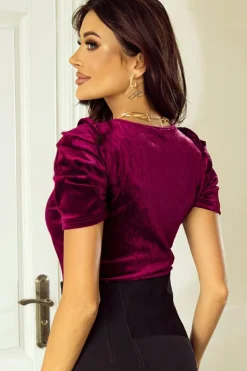 Fashion Dear-Lover Short Puff Sleeve Velvet Top Burgundy