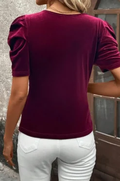 Fashion Dear-Lover Short Puff Sleeve Velvet Top Burgundy