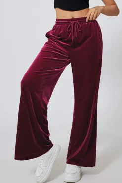 Clearance Dear-Lover Solid Drawstring Waist Wide Leg Pants Burgundy
