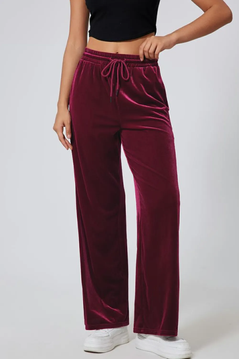 Clearance Dear-Lover Solid Drawstring Waist Wide Leg Pants Burgundy