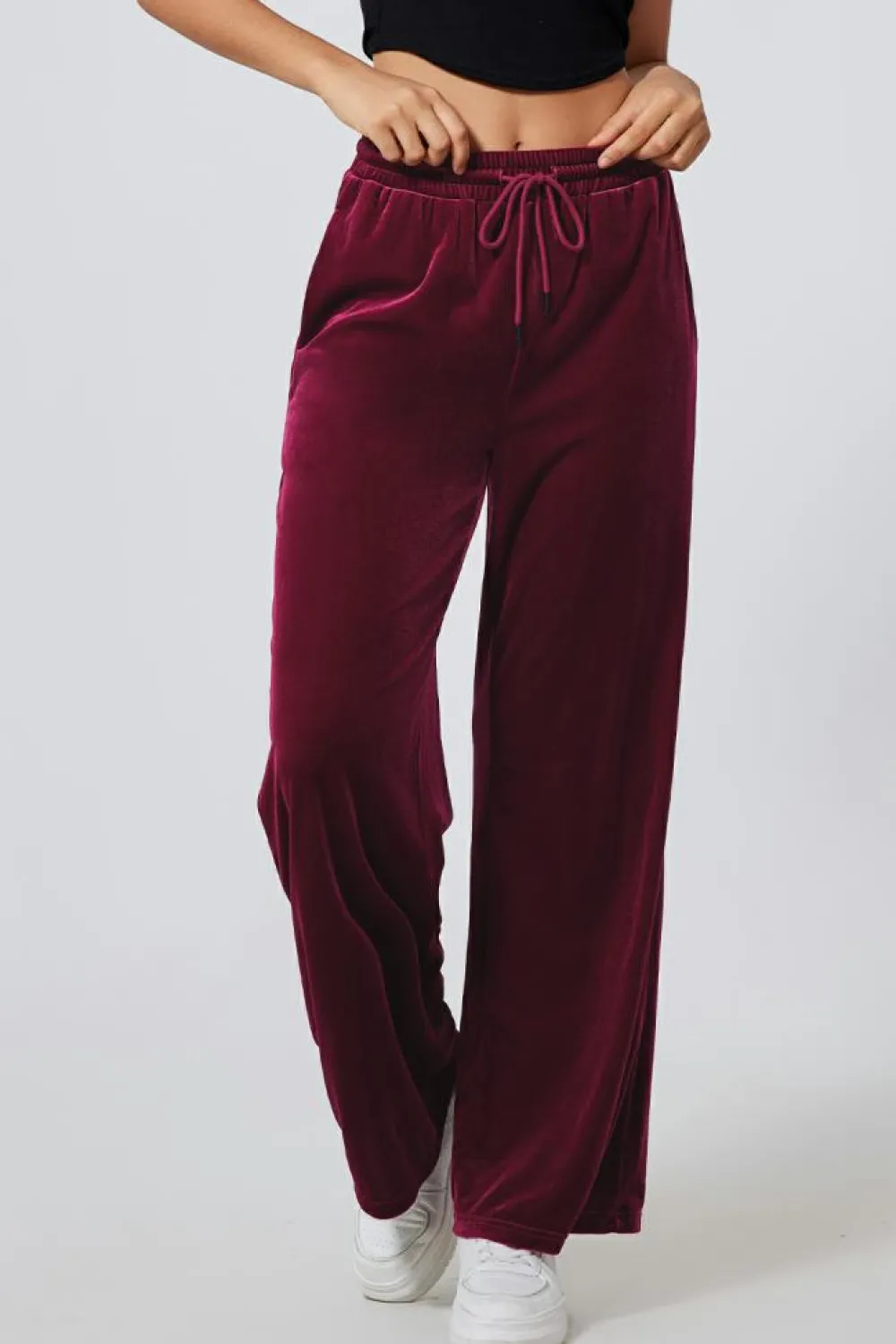 Clearance Dear-Lover Solid Drawstring Waist Wide Leg Pants Burgundy