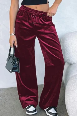 Clearance Dear-Lover Solid Drawstring Waist Wide Leg Pants Burgundy