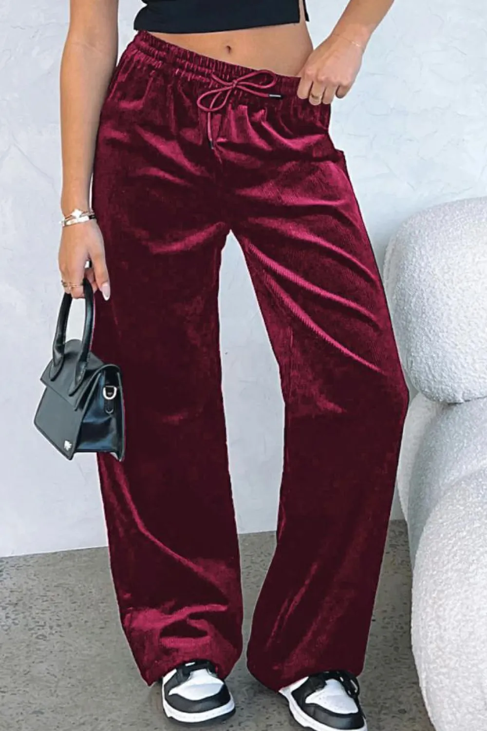 Clearance Dear-Lover Solid Drawstring Waist Wide Leg Pants Burgundy
