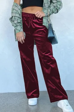 Clearance Dear-Lover Solid Drawstring Waist Wide Leg Pants Burgundy