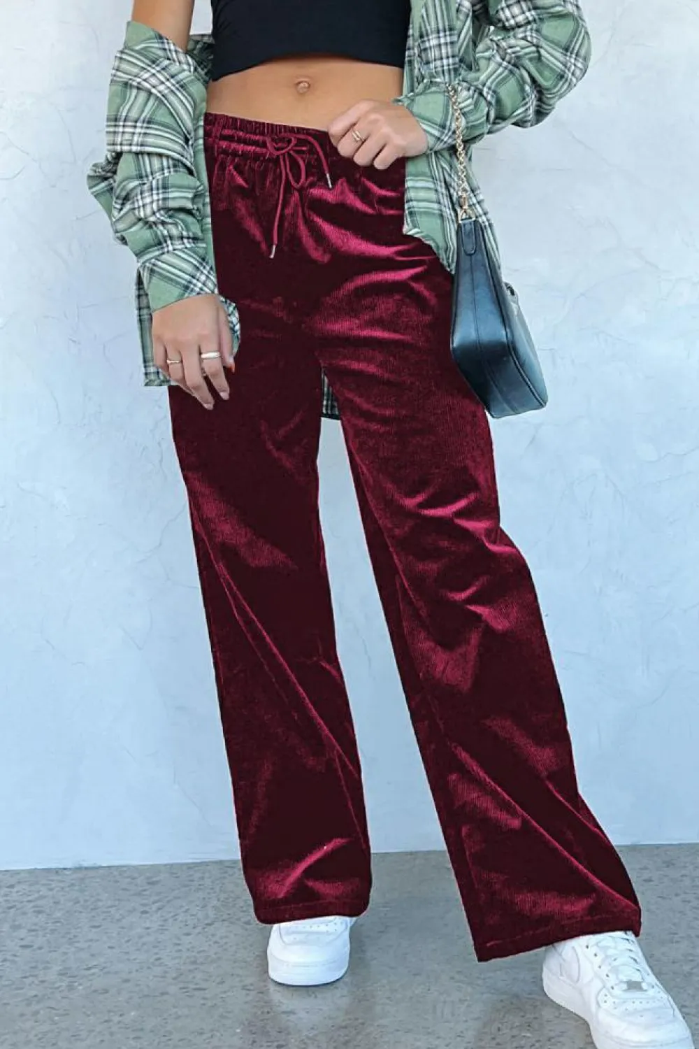 Clearance Dear-Lover Solid Drawstring Waist Wide Leg Pants Burgundy
