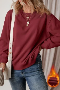 Clearance Dear-Lover Solid Fleece Lined Drop Shoulder Terry Sweatshirt Burgundy