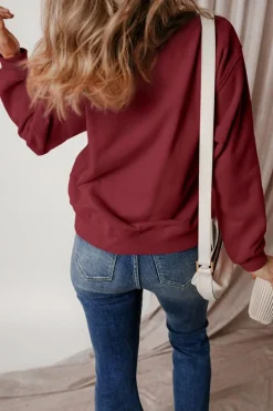 Clearance Dear-Lover Solid Fleece Lined Drop Shoulder Terry Sweatshirt Burgundy