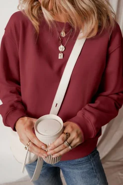 Clearance Dear-Lover Solid Fleece Lined Drop Shoulder Terry Sweatshirt Burgundy