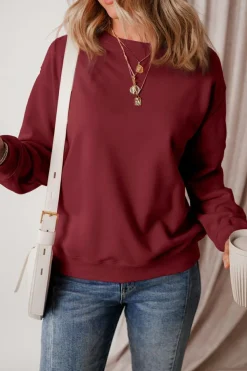 Clearance Dear-Lover Solid Fleece Lined Drop Shoulder Terry Sweatshirt Burgundy