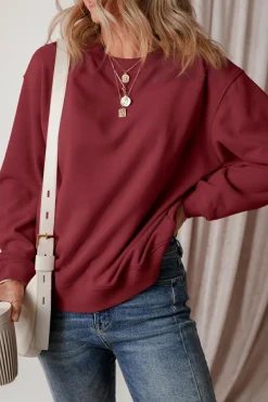 Clearance Dear-Lover Solid Fleece Lined Drop Shoulder Terry Sweatshirt Burgundy