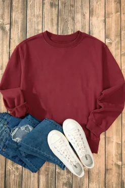 Clearance Dear-Lover Solid Fleece Lined Drop Shoulder Terry Sweatshirt Burgundy