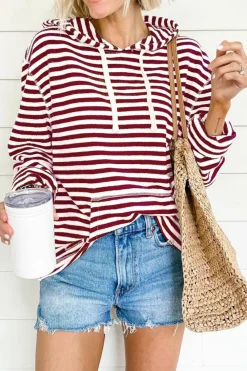 Best Dear-Lover Stripe Kangaroo Pocket Drawstring Hoodie Burgundy