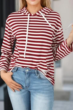 Best Dear-Lover Stripe Kangaroo Pocket Drawstring Hoodie Burgundy