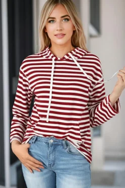 Best Dear-Lover Stripe Kangaroo Pocket Drawstring Hoodie Burgundy