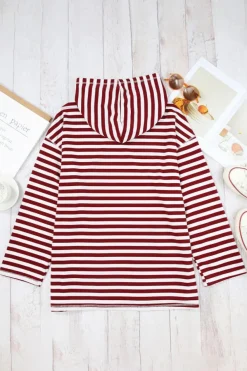 Best Dear-Lover Stripe Kangaroo Pocket Drawstring Hoodie Burgundy