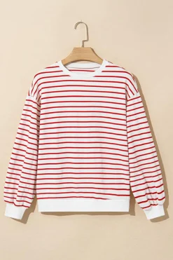Online Dear-Lover Striped Long Sleeve Round Neck Loose Top Burgundy