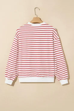 Online Dear-Lover Striped Long Sleeve Round Neck Loose Top Burgundy