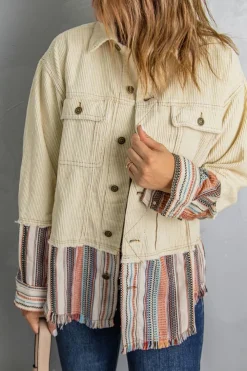 Outlet Dear-Lover Button Up Pockets Striped Color Block Corduroy Jacket Beige