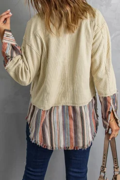 Outlet Dear-Lover Button Up Pockets Striped Color Block Corduroy Jacket Beige