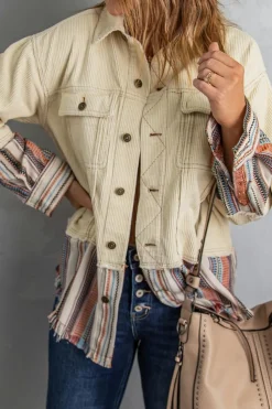 Outlet Dear-Lover Button Up Pockets Striped Color Block Corduroy Jacket Beige