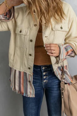 Outlet Dear-Lover Button Up Pockets Striped Color Block Corduroy Jacket Beige