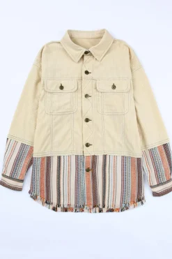 Outlet Dear-Lover Button Up Pockets Striped Color Block Corduroy Jacket Beige
