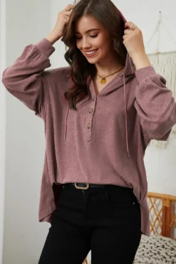 Fashion Dear-Lover Buttoned High and Low Hem Hoodie Fiery Red