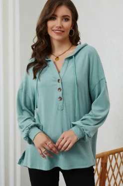 Online Dear-Lover Buttoned High and Low Hem Hoodie Green