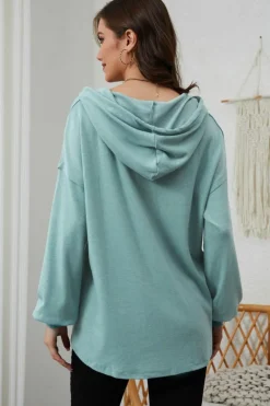 Online Dear-Lover Buttoned High and Low Hem Hoodie Green