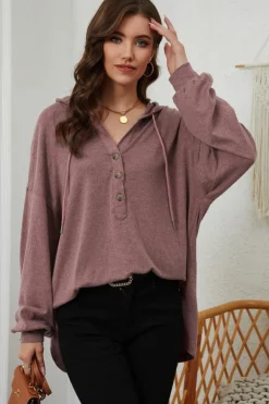 Fashion Dear-Lover Buttoned High and Low Hem Hoodie Fiery Red