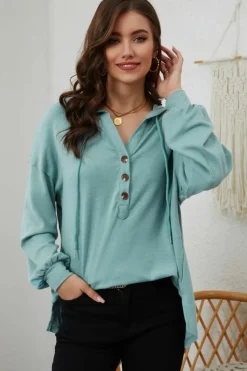 Online Dear-Lover Buttoned High and Low Hem Hoodie Green