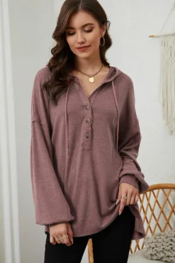 Fashion Dear-Lover Buttoned High and Low Hem Hoodie Fiery Red