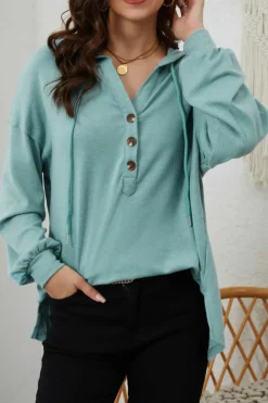 Online Dear-Lover Buttoned High and Low Hem Hoodie Green