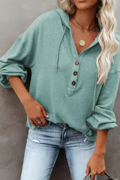 Online Dear-Lover Buttoned High and Low Hem Hoodie Green