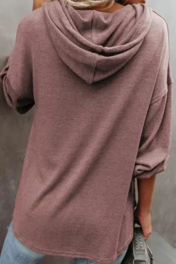 Fashion Dear-Lover Buttoned High and Low Hem Hoodie Fiery Red