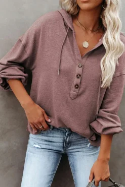 Fashion Dear-Lover Buttoned High and Low Hem Hoodie Fiery Red