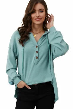 Online Dear-Lover Buttoned High and Low Hem Hoodie Green