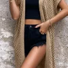 Best Dear-Lover Batwing Sleeve Pointelle Knit Open Front Cardigan Camel