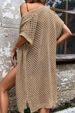 Best Dear-Lover Batwing Sleeve Pointelle Knit Open Front Cardigan Camel