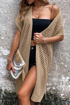 Best Dear-Lover Batwing Sleeve Pointelle Knit Open Front Cardigan Camel