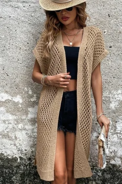 Best Dear-Lover Batwing Sleeve Pointelle Knit Open Front Cardigan Camel