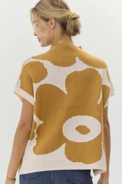 Sale Dear-Lover Big Flower Pattern Stand Neck Short Sleeve Sweater Camel