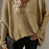 Sale Dear-Lover Checkered Textured Batwing Sleeve Sweater Camel