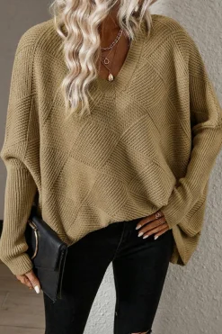 Sale Dear-Lover Checkered Textured Batwing Sleeve Sweater Camel