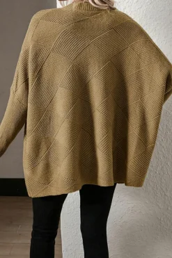 Sale Dear-Lover Checkered Textured Batwing Sleeve Sweater Camel