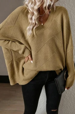 Sale Dear-Lover Checkered Textured Batwing Sleeve Sweater Camel