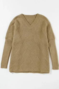 Sale Dear-Lover Checkered Textured Batwing Sleeve Sweater Camel