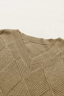 Sale Dear-Lover Checkered Textured Batwing Sleeve Sweater Camel