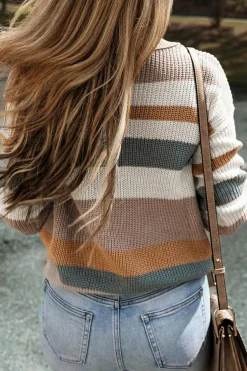 Outlet Dear-Lover Classic Round Neck Colorblock Knit Sweater Camel