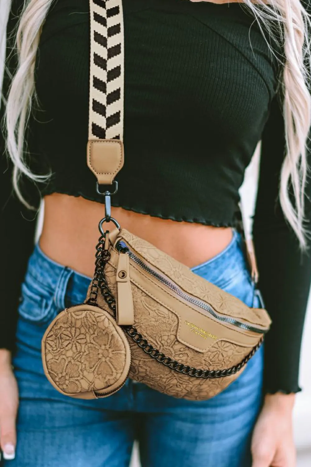 Fashion Dear-Lover Colorblock Strap Chain Shoulder Bag With Coin Purse Camel